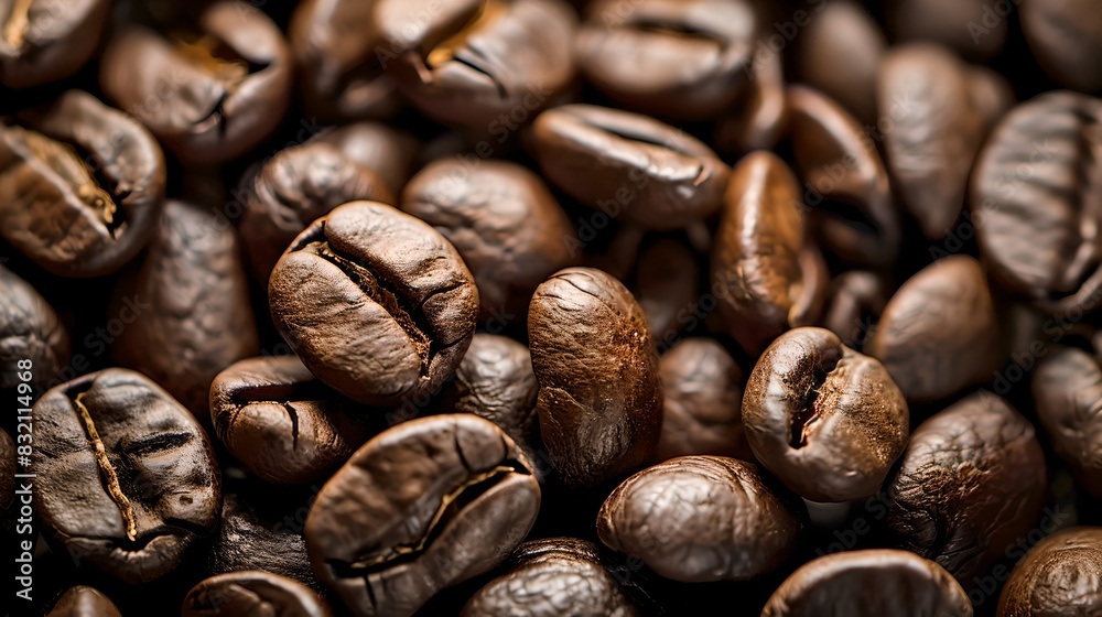 Naklejka premium Close-up of roasted coffee beans. Perfect for coffee shops or beverage backgrounds. Brown coffee beans texture. AI