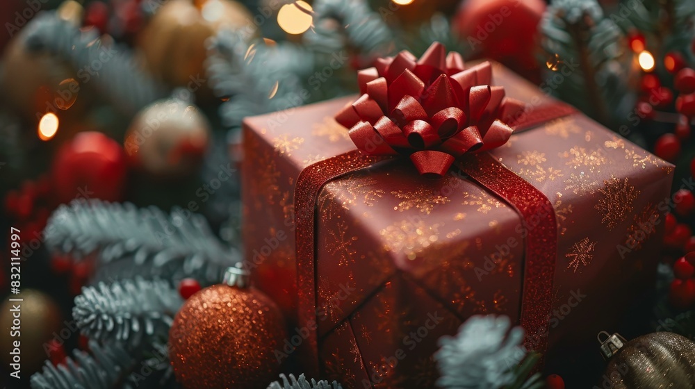 Beautiful composition of Christmas gift and tree. Festive holiday scene with vibrant colors. Perfect for Christmas-themed graphics. Beautiful composition of Christmas gift and tree. Festive holiday scene with vibrant colors. Perfect for Christmas-themed graphics.