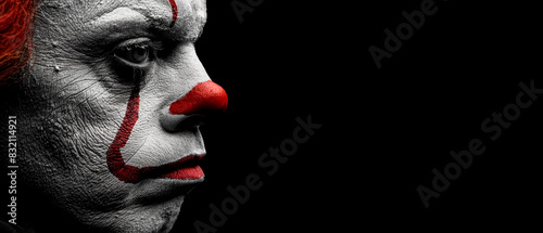 Lonely Clown with Weary Eyes. Copy space, Lost Innocence, Faded Joy, Silent Grief. photo