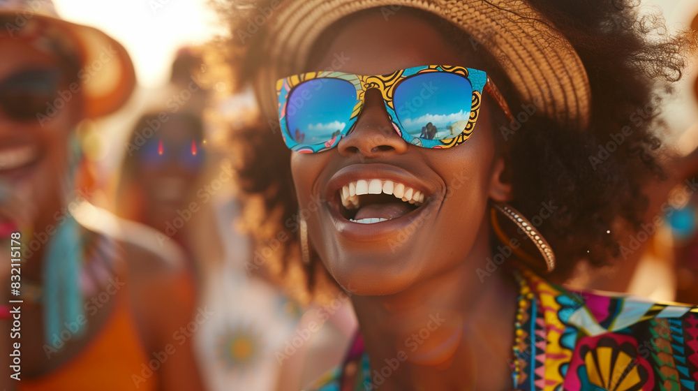 Woman wearing sunglasses and hat smiling Woman wearing sunglasses and hat smiling