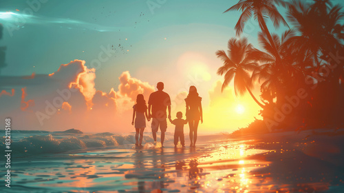 Indian family walking on beach at sunset