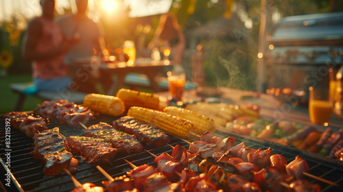 Barbecue grill filled with meat and vegetables photo