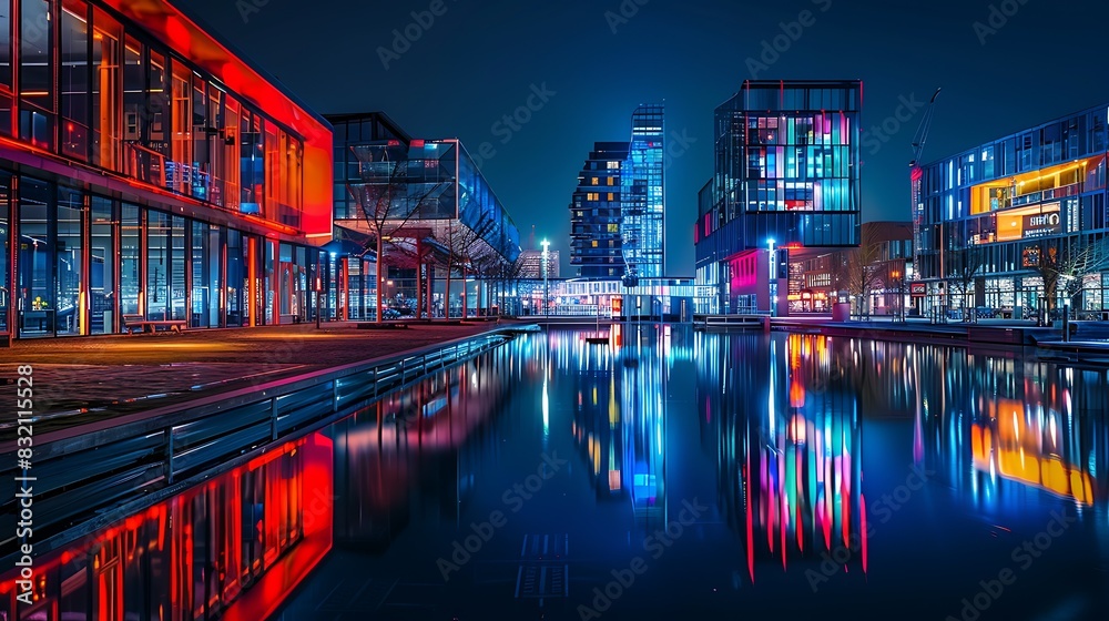 A beautiful cityscape at night. The city lights are reflected in the water, creating a colorful and vibrant scene.