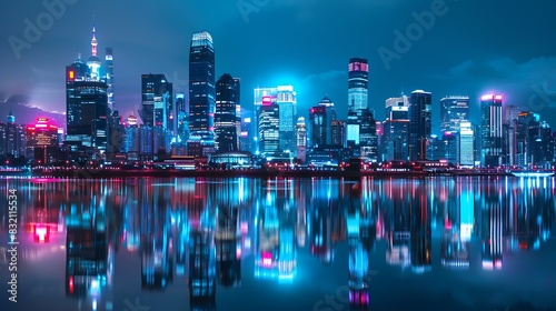 Cityscape of a modern city with skyscrapers and lights reflecting in the water. photo