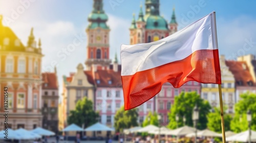 Waving flag of Poland in the city centre on sunny day on Constitution day or Independence day celebration