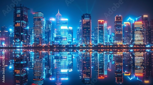Cityscape. Modern urban landscape with skyscrapers and lights reflecting in the water.