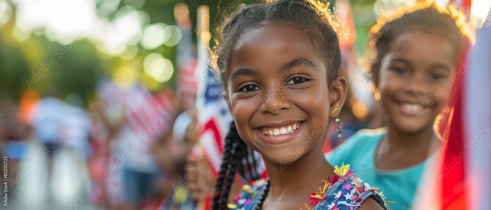 Two happy young girls smile while waving American flags on the Fourth of July.