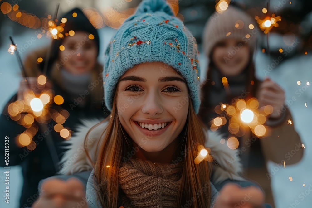 Young girl holding sparklers with friends in the background. Young girl holding sparklers with friends in the background.