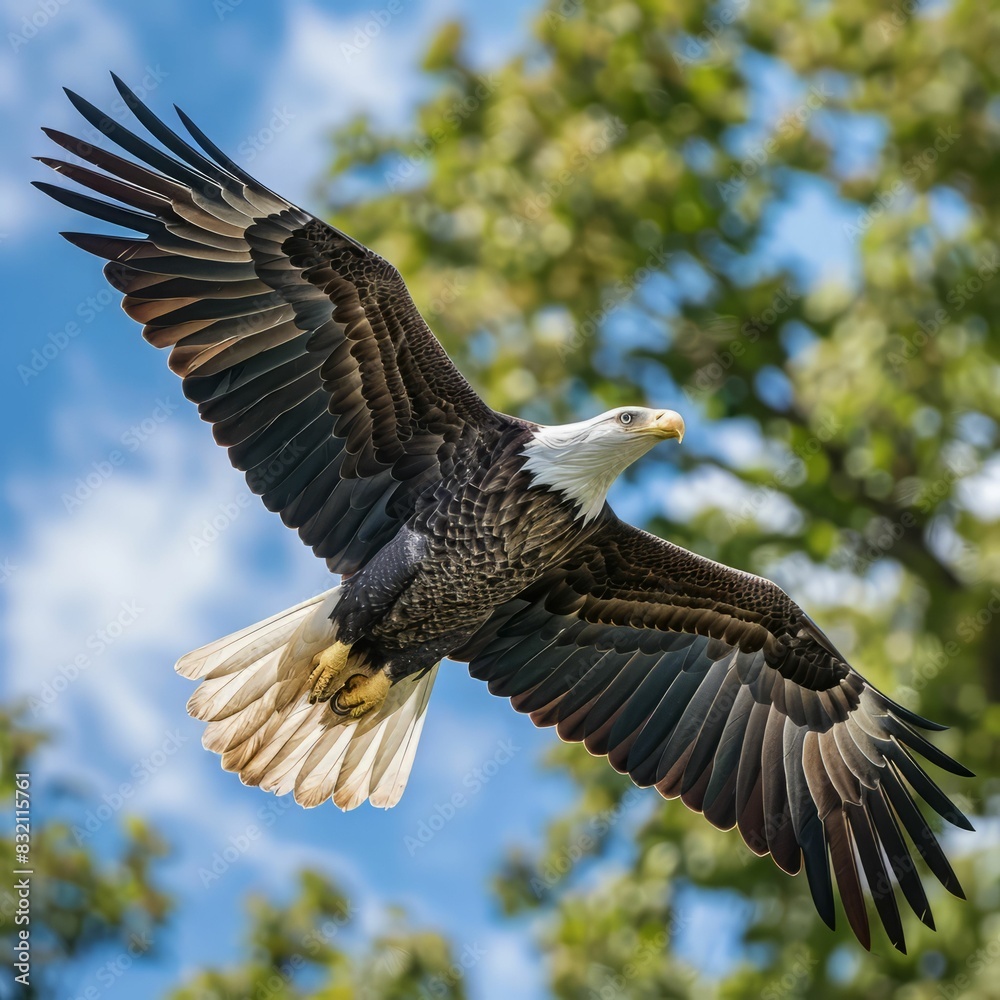 Fototapeta premium A bald eagle is flying in the sky with the treetops below and blue sky and clouds in the background.