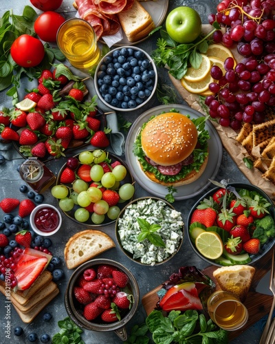 Top view of healthy food ingredients. Fruits, vegetables, nuts, seeds, cheese, bread, burger and salad.