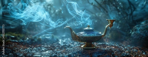 Photorealistic magic lamp, captured from a low-angle, featuring exquisite engravings, emitting ethereal blue smoke, nestled in an enchanted forest photo
