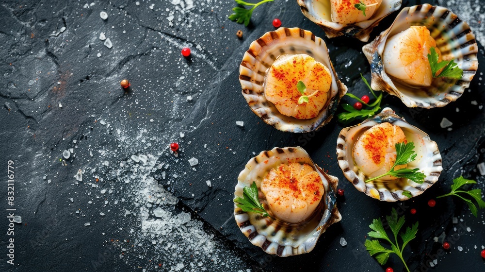 Scallops in shell served on a black table from above Room for adding text Scallops in shell served on a black table from above Room for adding text