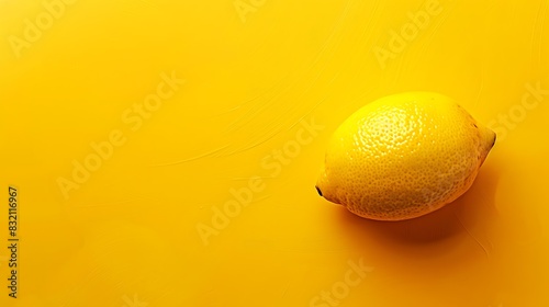 A fresh lemon against a bright yellow background. The lemon is in focus, with a slightly textured surface, and the background is smooth and vibrant. photo