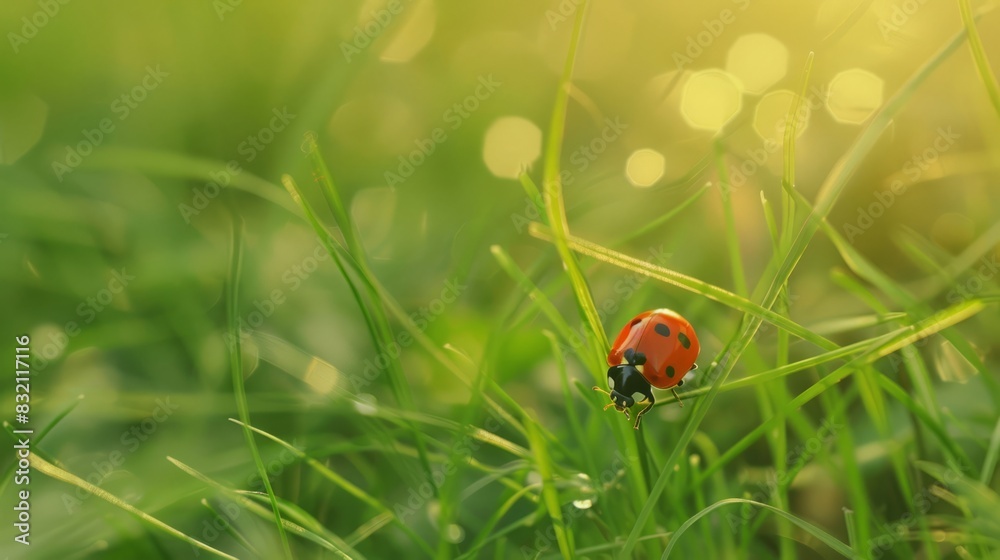 A ladybug perched on the edge of green grass, with dewdrops glistening in its red shell and black dots. A ladybug perched on the edge of green grass, with dewdrops glistening in its red shell and black dots.