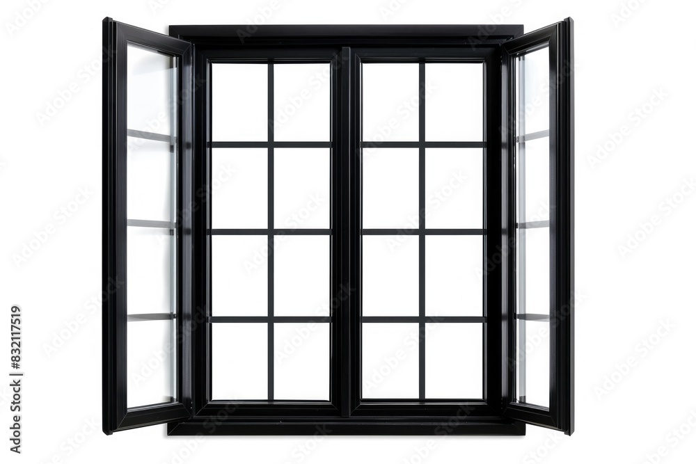 Isolated Window. Black Metallic Frame on White Background with Glass Panes Isolated Window. Black Metallic Frame on White Background with Glass Panes