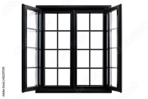 Isolated Window. Black Metallic Frame on White Background with Glass Panes