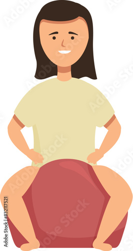 Illustration of a smiling woman in sportswear sitting on a red fitness ball