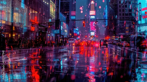 Luminescent neon lights reflecting in rain-soaked city streets at dusk