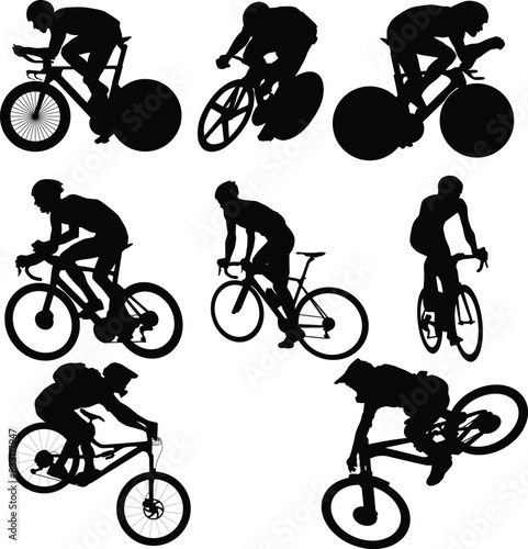 Set of cyclist silhouette illustration. Track cyclist full body. Road biker posing. Downhill biker jumping. People cycling in various pose.