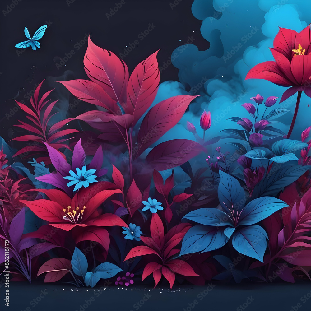 Background colorful blue dark blue white purple flowers, plants and smoke 