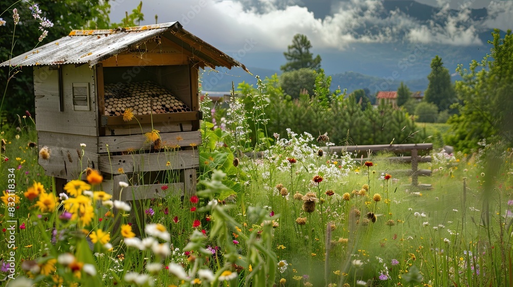 Hive with bright flowers planted nearby to attract pollen, bees at work. Pollination, honeybee, apiary, nature, beekeeping, agriculture, village, landscape, domestic bees, honey. Generative by AI. Hive with bright flowers planted nearby to attract pollen, bees at work. Pollination, honeybee, apiary, nature, beekeeping, agriculture, village, landscape, domestic bees, honey. Generative by AI.