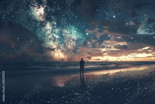 a man alone at a beach at night on the sea shore looking at the sky full of stars