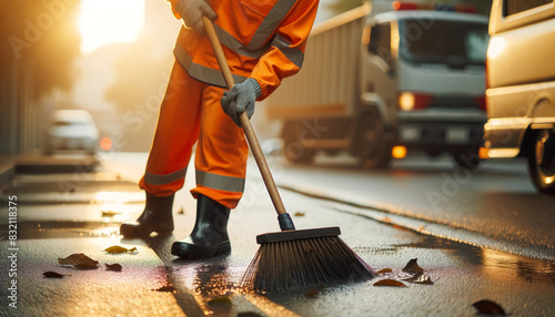 Detailed close-up of a street cleaner sweeping a street in a small town. Janitor, paved street, collecting dirt and leaves. photo