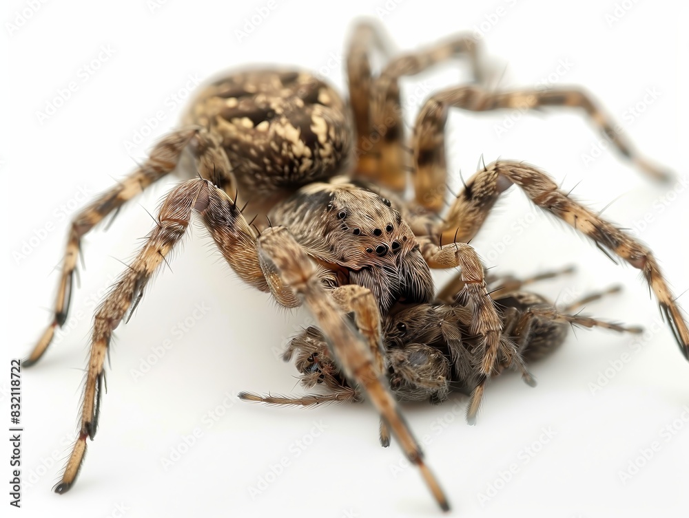 A closeup of a wolf spider carrying her young A closeup of a wolf spider carrying her young