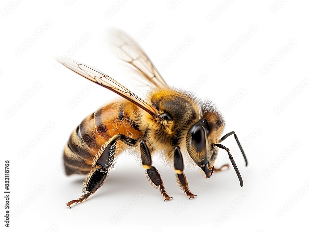 A detailed macro shot of a honeybee on a white background A detailed macro shot of a honeybee on a white background