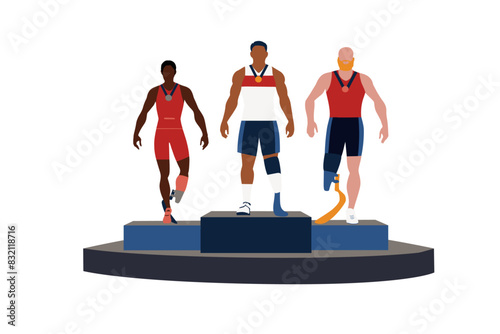 Three multiethnic athletes with prosthetic leg, non binary african, latin and caucasian, with their medals on the paralympic podium