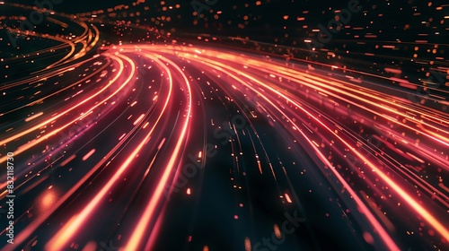 The red light trails in the image represent data flowing through a network.