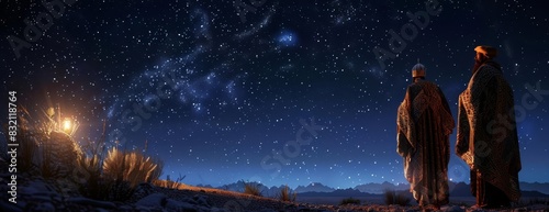 Two figures stand silhouetted against a vast, starry night sky. photo