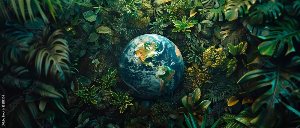 Reflective Earth surrounded by lush plants, highlighting commitment to preserving Earth's natural beauty Reflective Earth surrounded by lush plants, highlighting commitment to preserving Earth's natural beauty