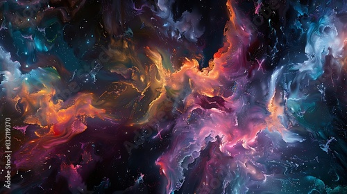 Colorful abstract painting. Glowing clouds of dust and gas in deep space.