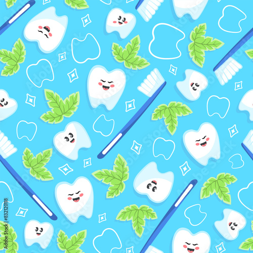 Kawaii seamless pattern with cute tooth character, mint and toothbrush