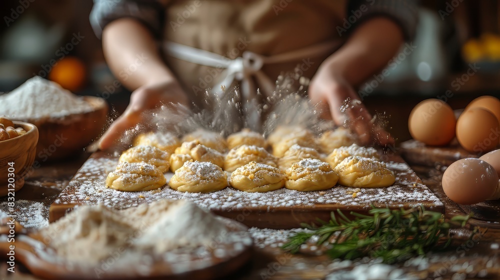 Hands sprinkling flour over freshly baked pastries in a rustic kitchen setting with eggs and herbs.