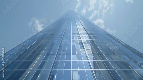 Looking up at a modern skyscraper made of reflective glass and steel with a blue sky and white clouds in the background.
