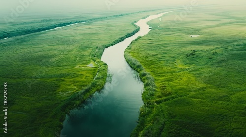 Morning landscape, a vast meadow with calm river among lush grass