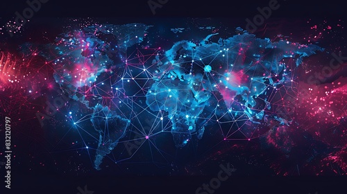 Blue and purple glowing plexus world map. photo