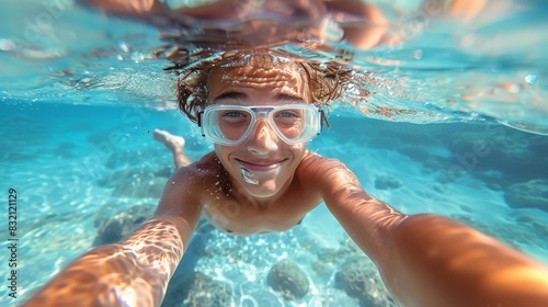 Underwater photo of a grinning child wearing goggles, reaching out towards the camera