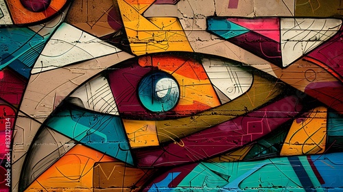 An abstract graffiti wall with a pattern of morphing geometric shapes