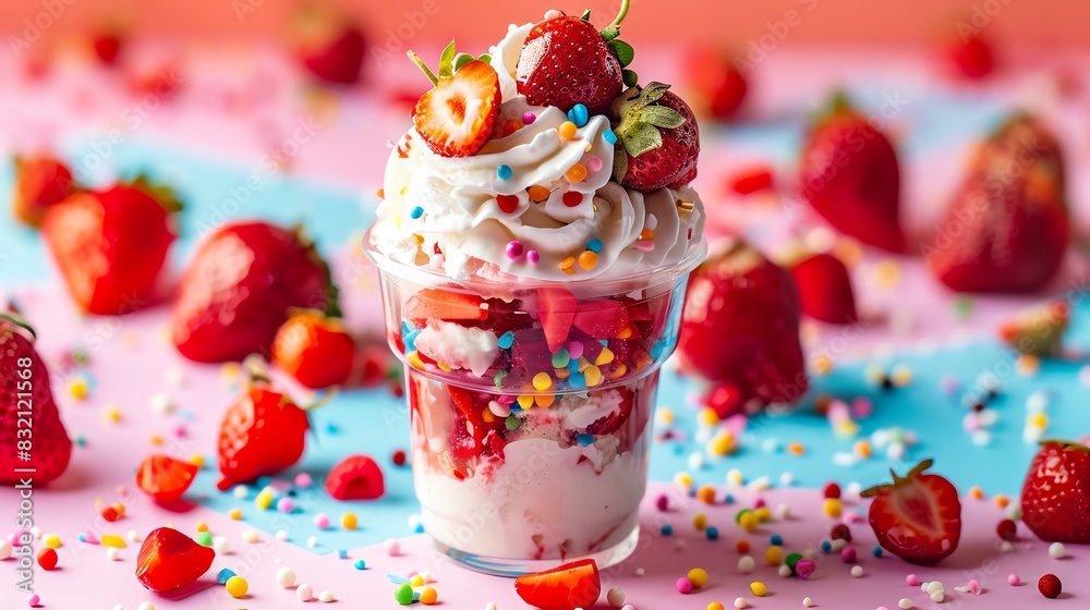 Delicious strawberry sundae with whipped cream and colorful sprinkles on a vibrant background, perfect for summer desserts.