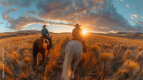 The image shows two cowboys riding horses with a remarkable sunset and dramatic cloudscape in the background photo