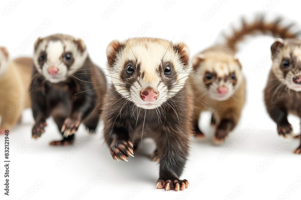 Fototapeta premium A group of playful ferrets running around on a cle ferret, animal, raccoon, mammal, polecat, pet, white background, isolated, wildlife, brown, white, wild, nature, vertebrate, mustela, animals, young,