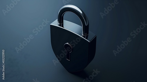 A 3D rendering of a silver padlock on a blue background. The padlock is in the shape of a shield, with a shiny metal texture. photo