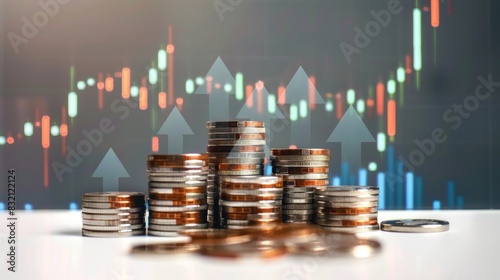 Stacks of coins with virtual arrows pointing upward and financial graph