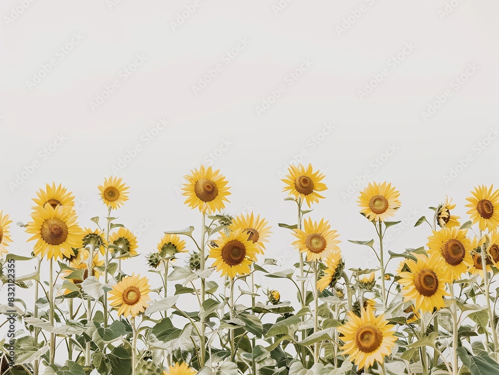 Fototapeta premium A field of sunflowers stretching across a white ba