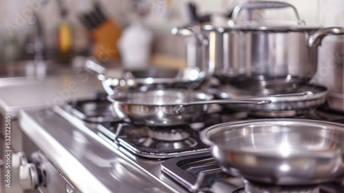 Clean pans on stove in kitchen. Space for text