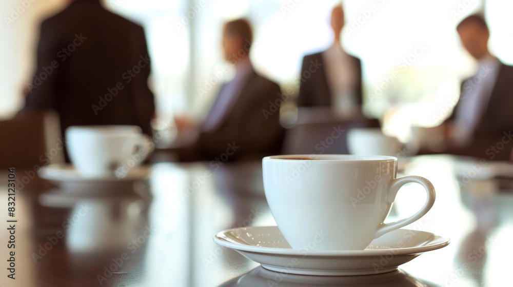 Coffee break in business meeting. Cappuccino cups on the table. Businesspeople in the blurred background. Coffee break in business meeting. Cappuccino cups on the table. Businesspeople in the blurred background.