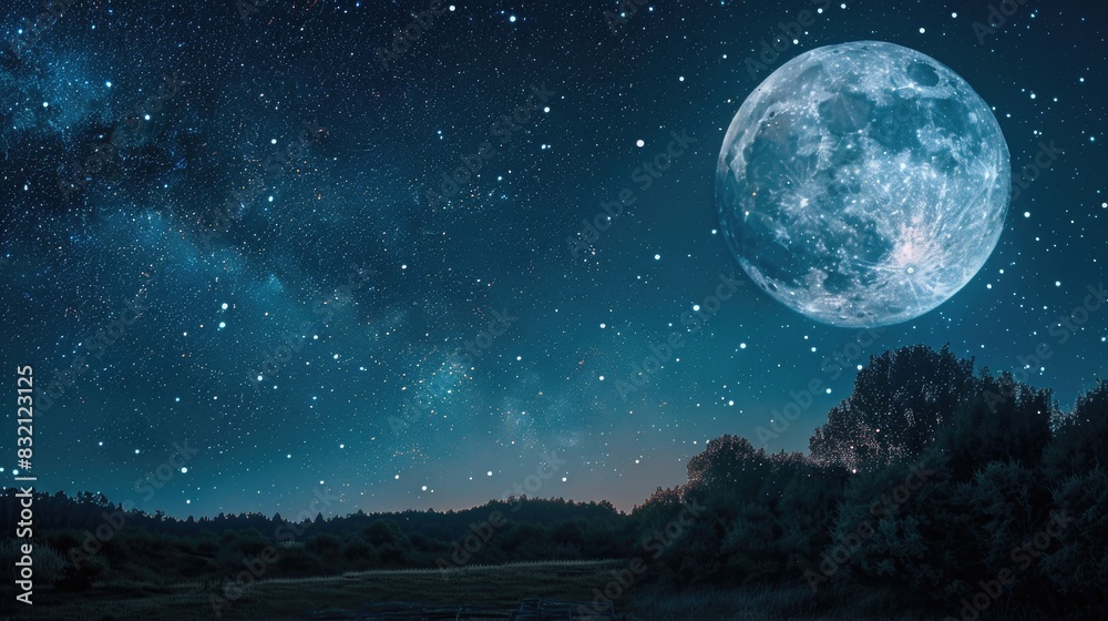 A captivating night sky with a bright full moon and countless stars, casting a gentle glow on the landscape below